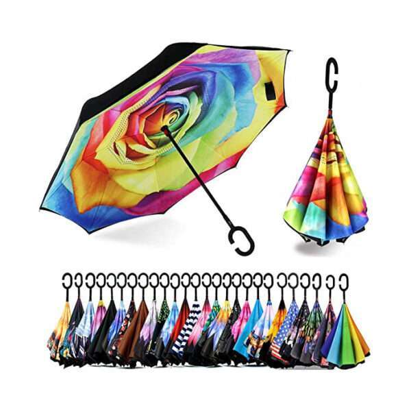 Inverted Reverse Upside Down Umbrella with C-Shaped Handle, Anti-UV Waterproof Windproof Rain